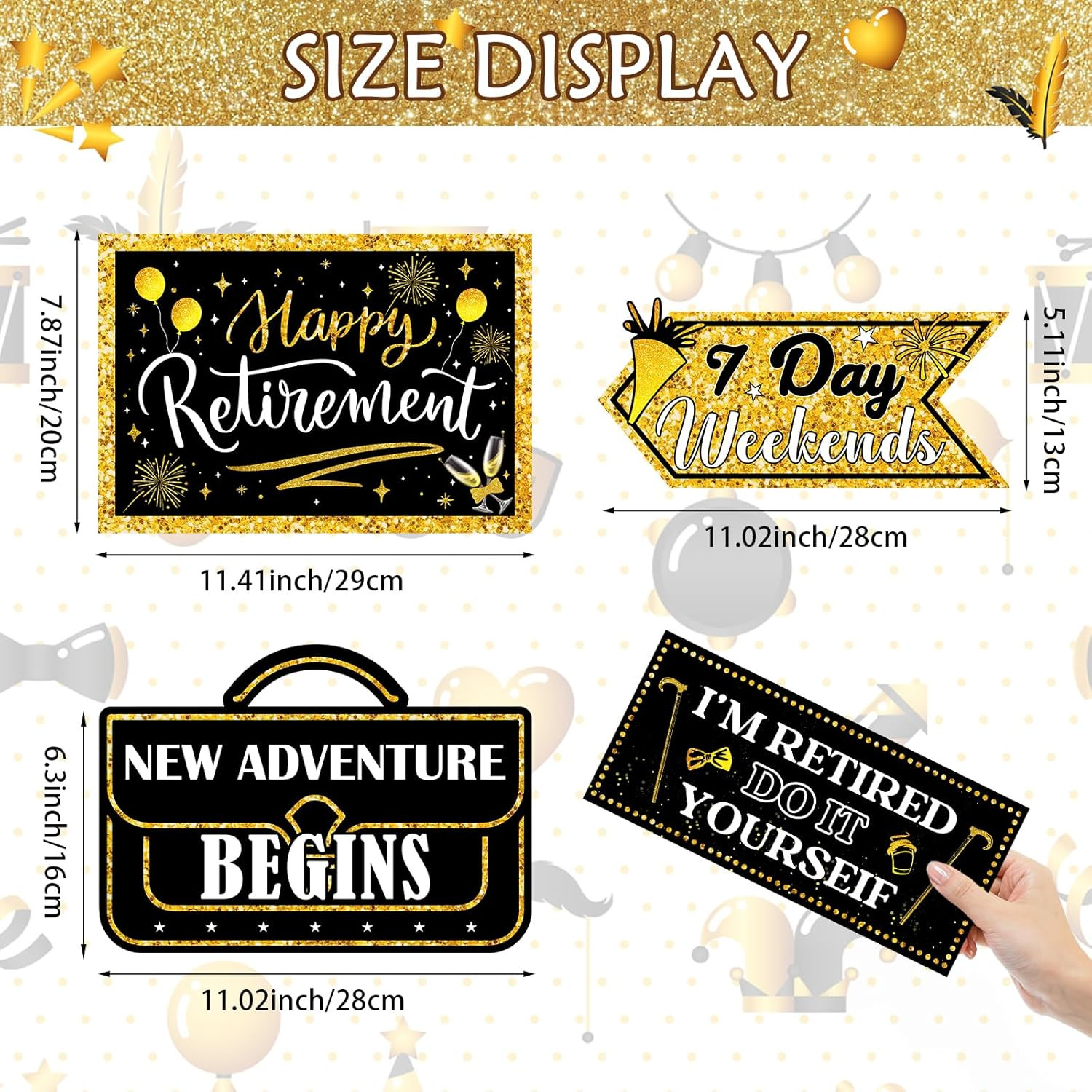 20 Pcs Retirement Party Decorations Black and Gold Happy Retirement Banner Sign