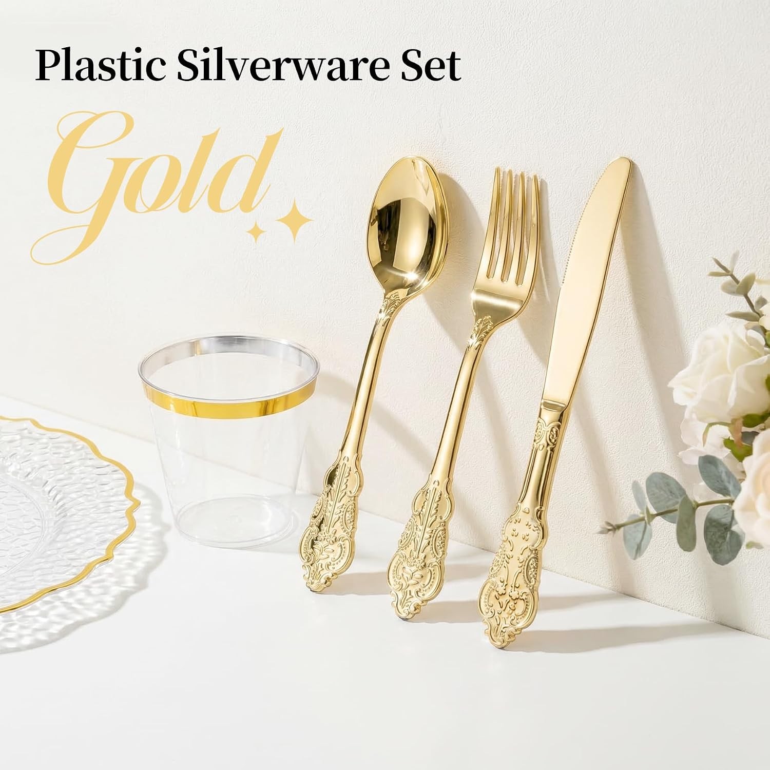 120PCS Gold Plastic Silverware, Disposable Silverware Include 40 Forks, 40