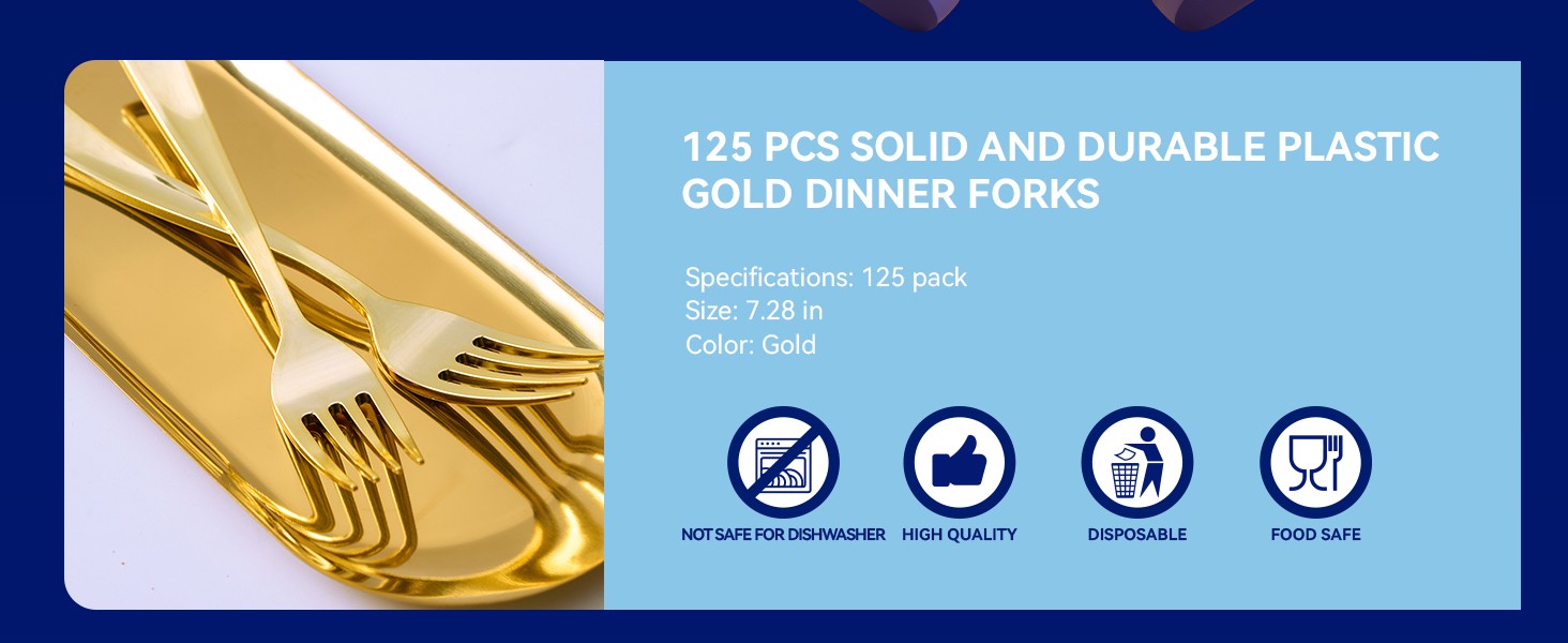 125 Count Gold Plastic Forks Heavy Duty, 7.28 Inch Gold Forks Disposable Heat