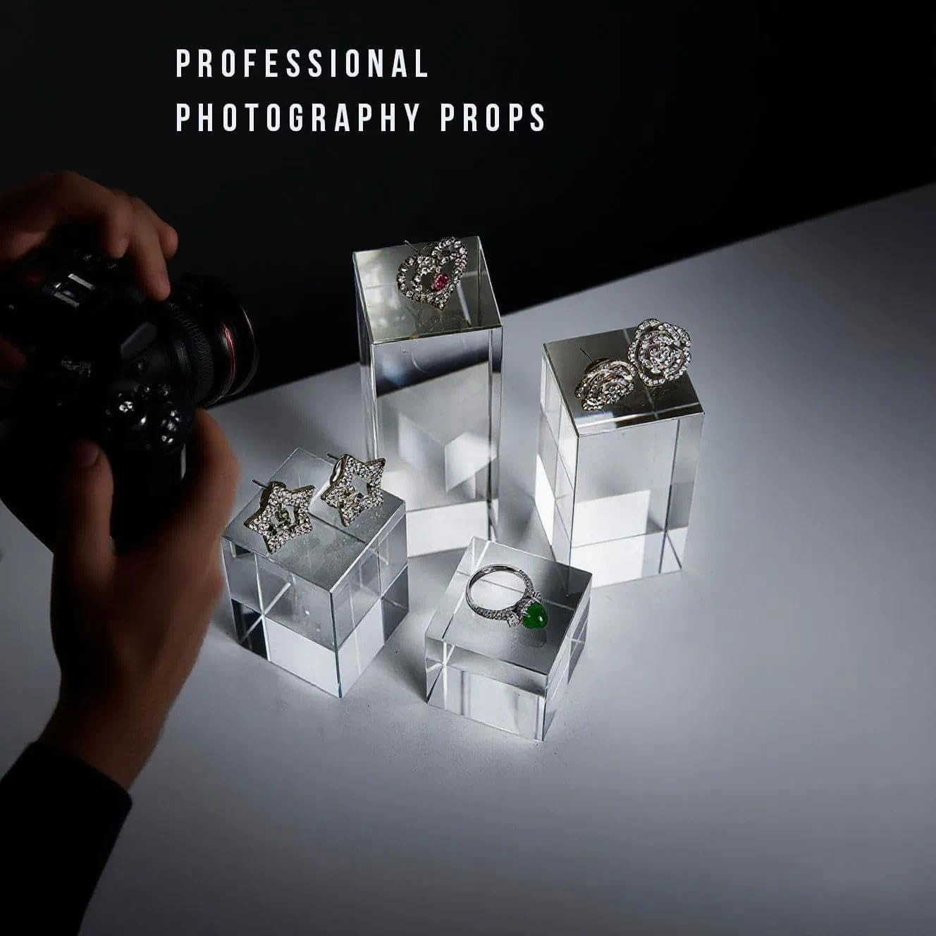 Qfkris Clear Polished Glass Display Blocks Photo Props Transparent Cube | 4 Pack