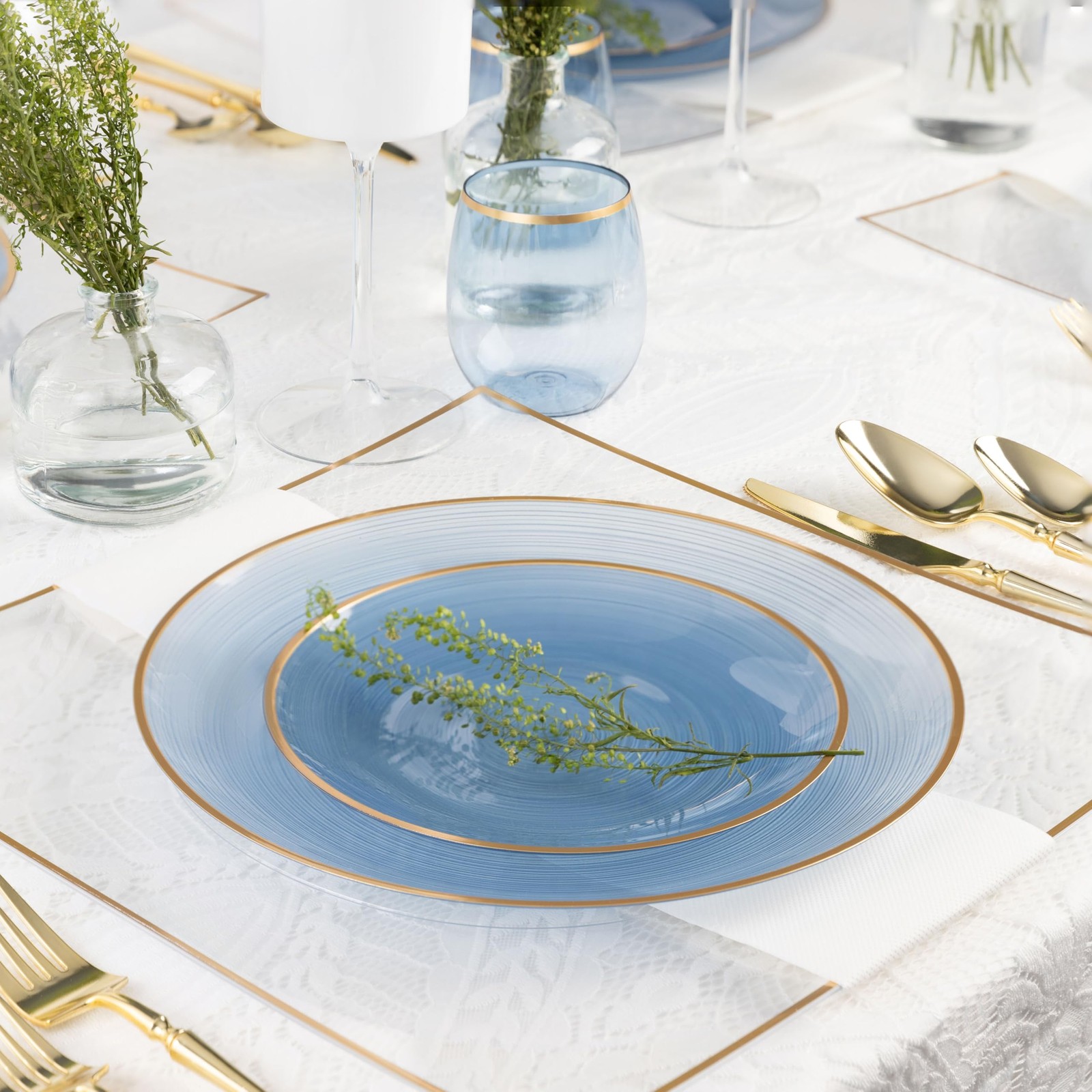 32 Pieces Crystal Design Plastic Plates Combo Pack 7 inch and 10 inch Gold Ri…