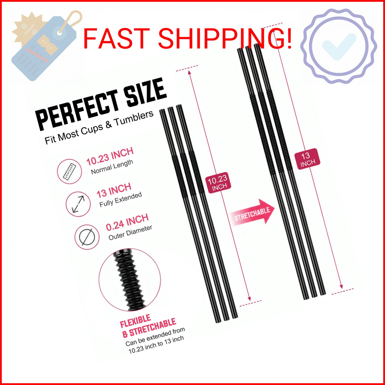 ALINK 200 PCS Black Flexible Plastic Straws, 10.23″ Long Stretch to 13″, 0.24″ D