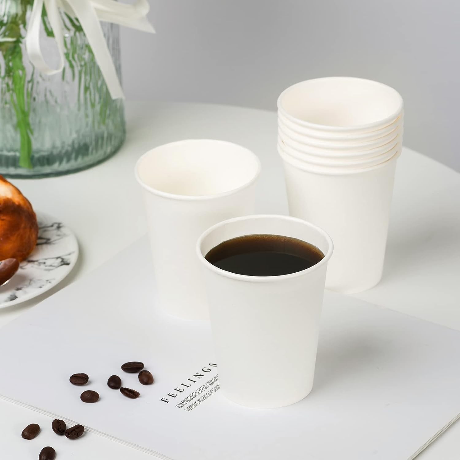 8oz Disposable Paper Coffee Cups with White Lids Hot/Cold Beverage Drinking Cup