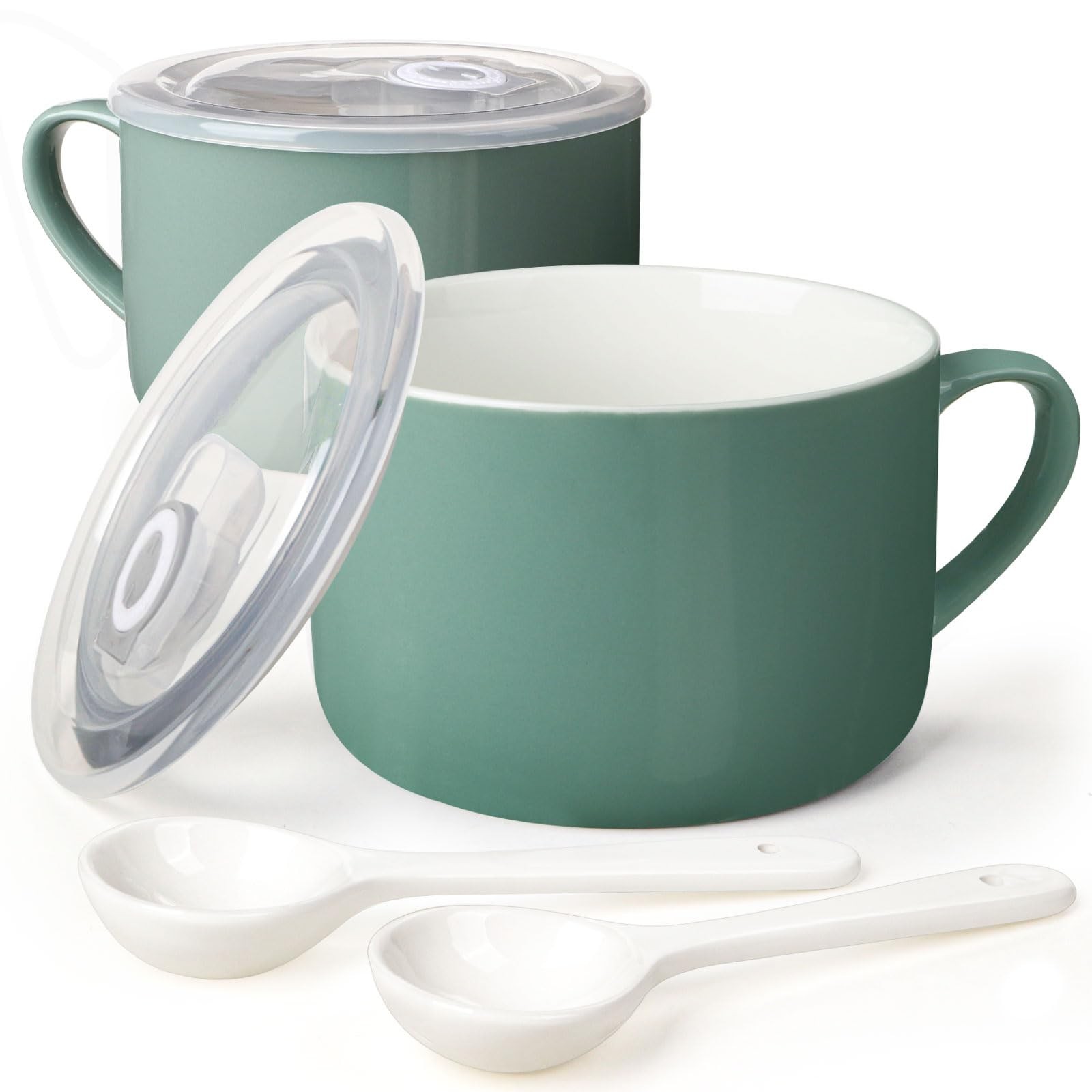 Wareland Soup Bowls with Handles & Spoons, 30oz Ceramic Ramen Bowl with Lid, Lar