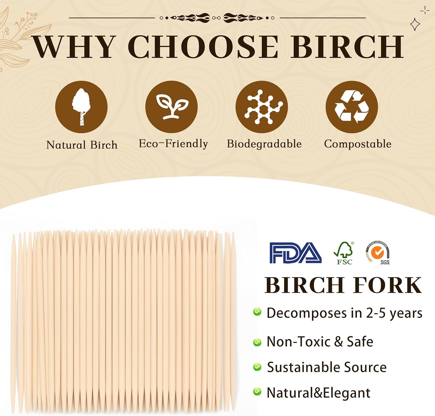 Natural Birch Toothpicks 300-Pack 2.5″ Wooden Picks for Appetizers Fruit BBQ
