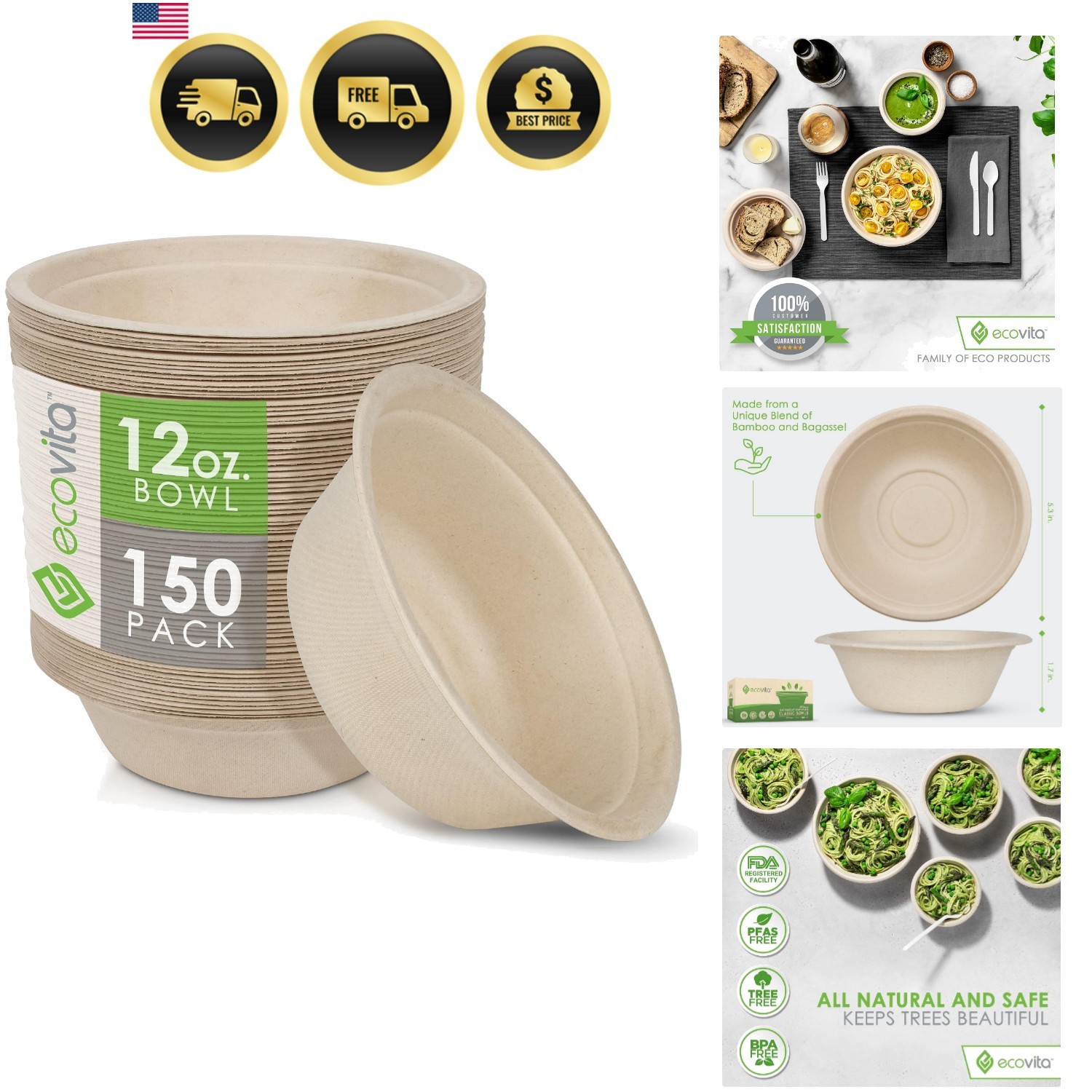 100% Compostable Paper Bowls [12 oz.] – 150 Disposable Bowls Eco Friendly Stu…