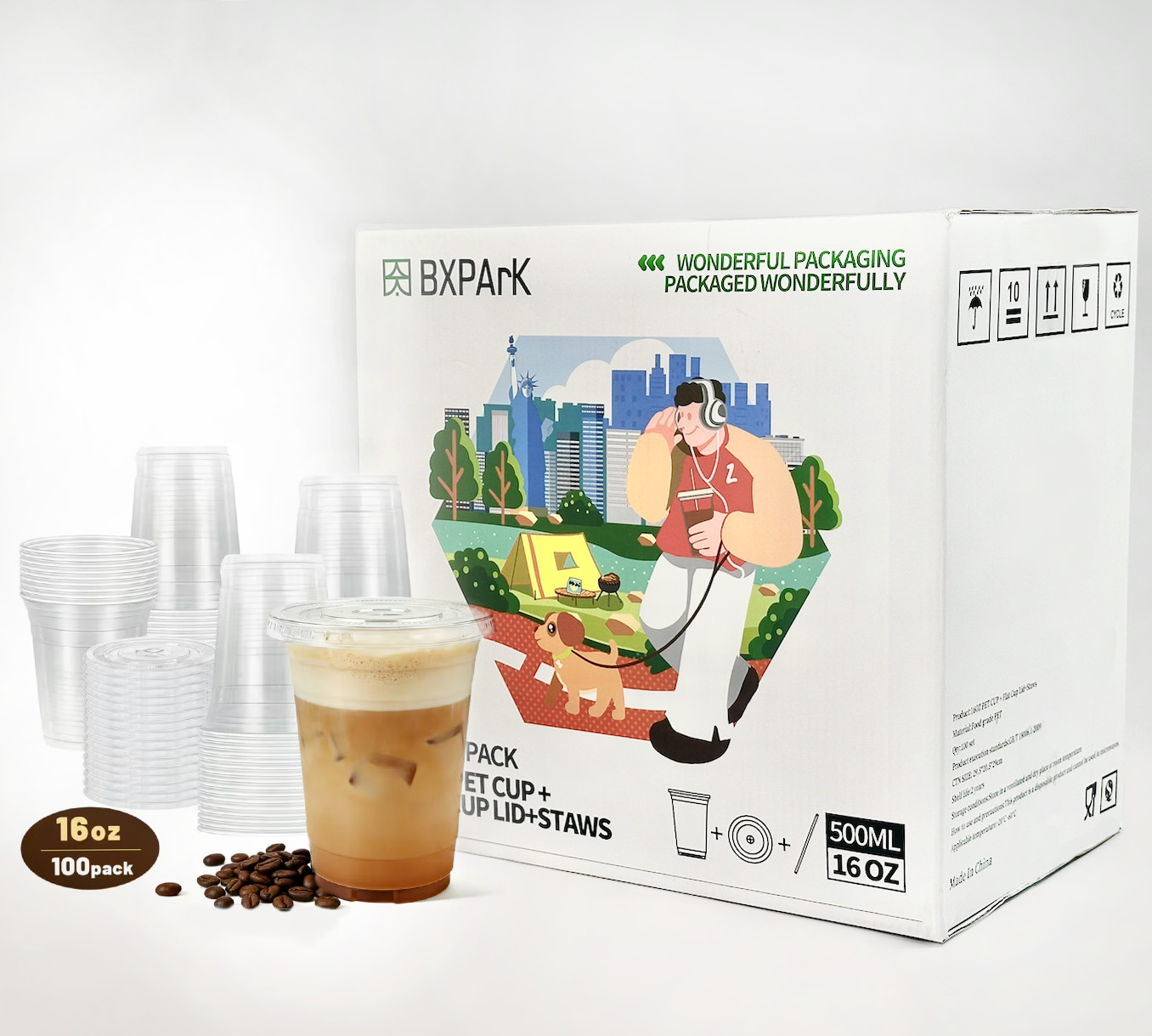 100 Pack 16oz Clear PET Cups with Lids & Straws