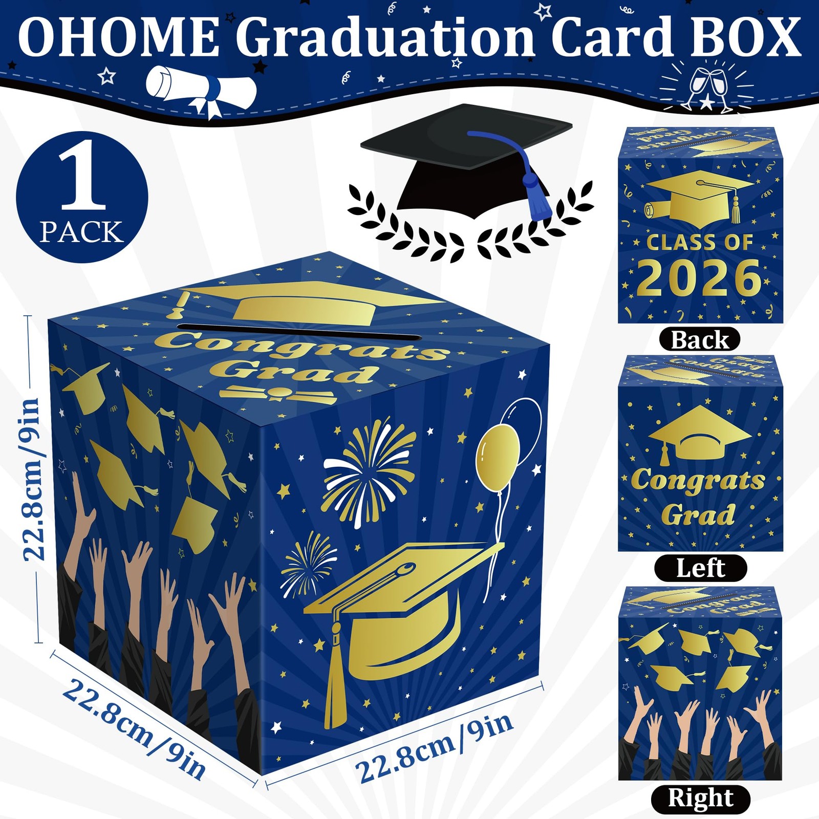 Graduation Decorations 2026 – Blue Gold Graduation Card Box for Graduation Decor