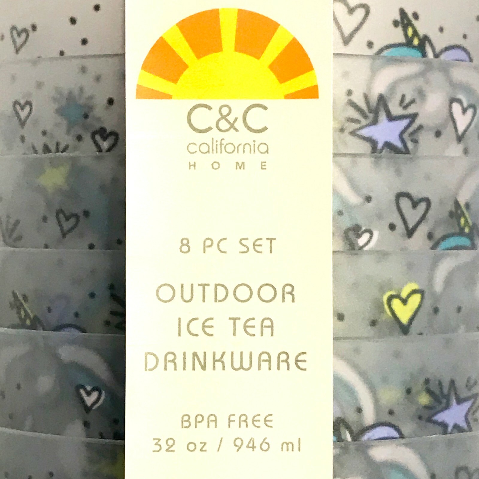 8 PC SET C&C California Home Outdoor Ice Tea Drinkware 32oz Cups Unicorn Rainbow