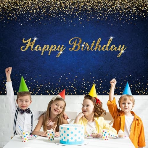 7x5ft Birthday Backdrop Happy Birthday Background Banner Gold 7X5ft Dark Blue
