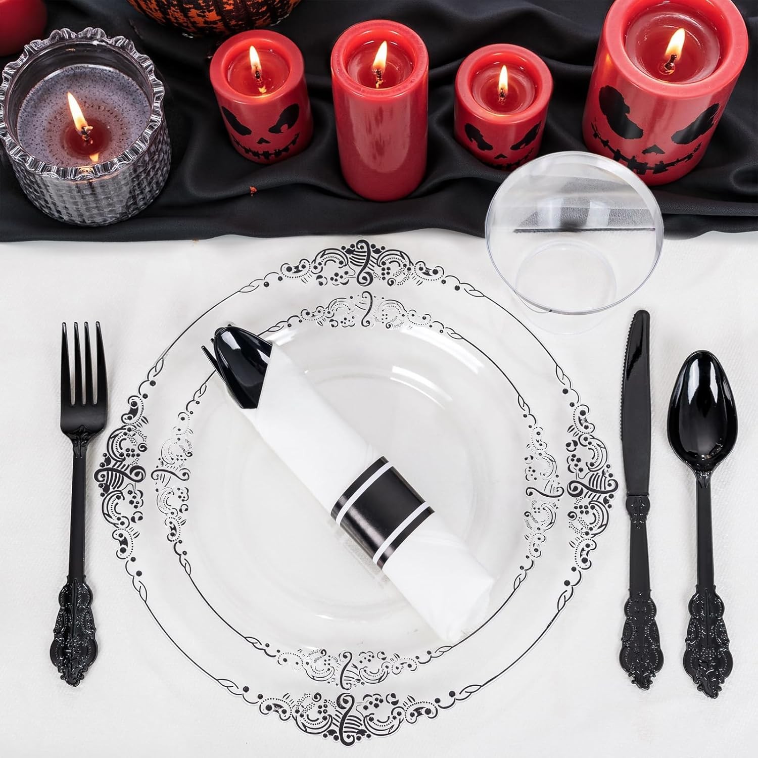 175pcs Clear and Black Plates – Black Party Plates for 25 Guest