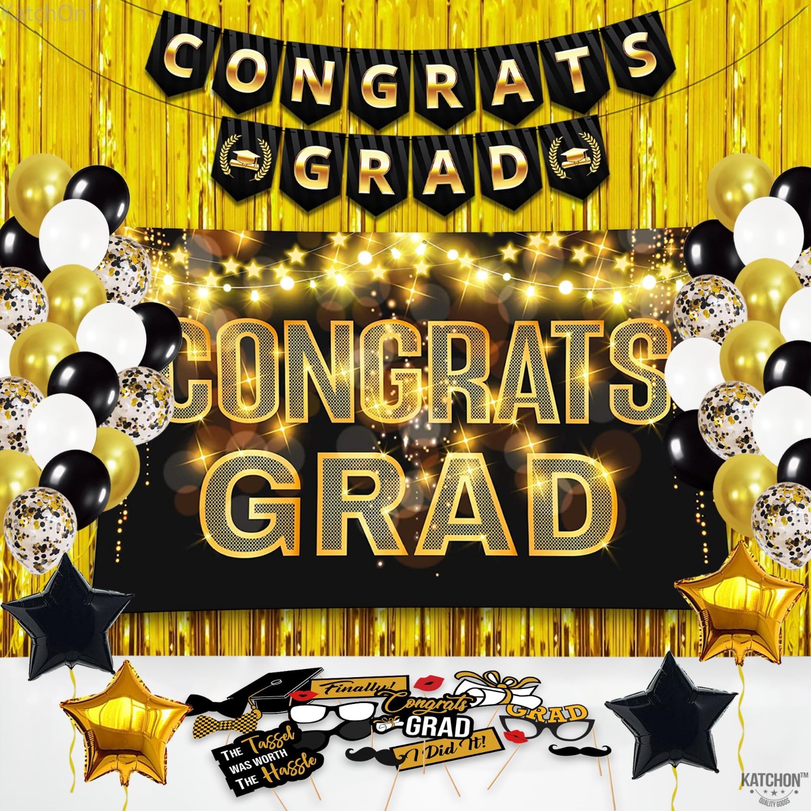 Black Gold Graduation Decorations 2026 – 61pc Set, Congrats Grad Banner, Foil Cu