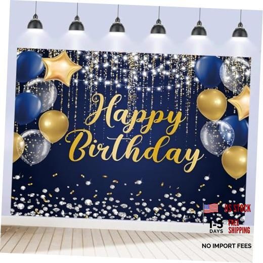 Happy Birthday Backdrop for Men Boys Navy and Gold Happy Birthday 7x5ft Blue