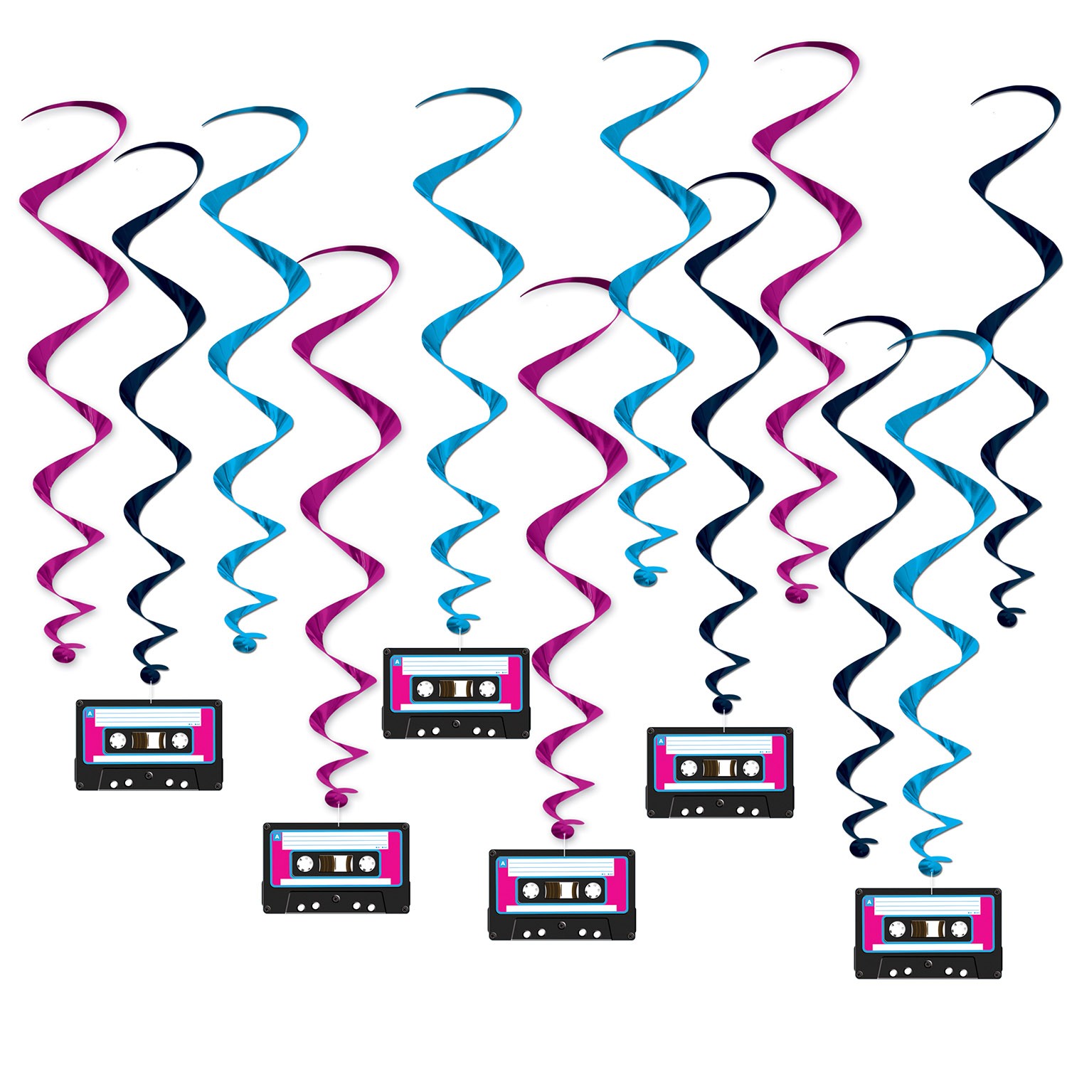 New 80’s Retro Themed Cassette Tape Whirls Hanging Party Decorations, 12 Pieces