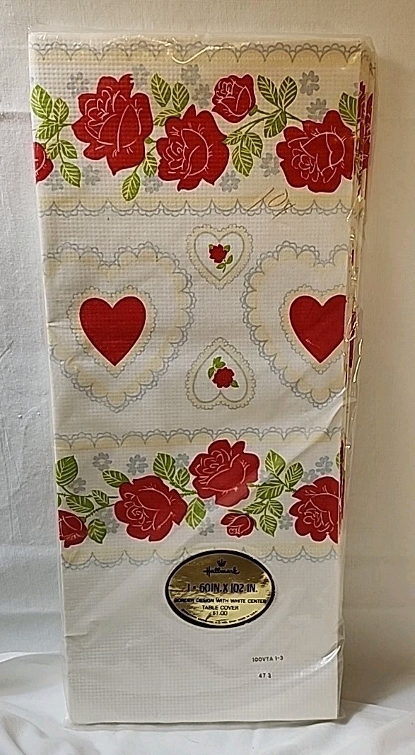 Vtg Hallmark Valentine’s Day Hearts Flower Border Tablecloth Party 60 X 102