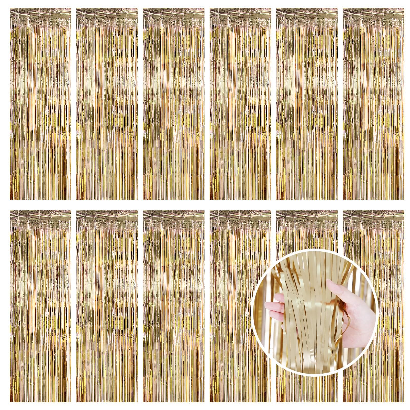 Best Champagne Gold Fringe Curtain Party Streamers, 12 Pack 3.3ft x 8.2ft Foil