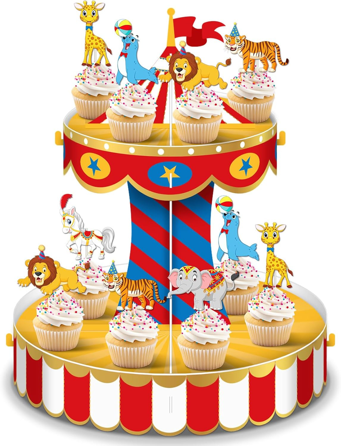 Carnival Circus Cupcake Stand Party Decorations with 24 Cupcake Toppers Circu…