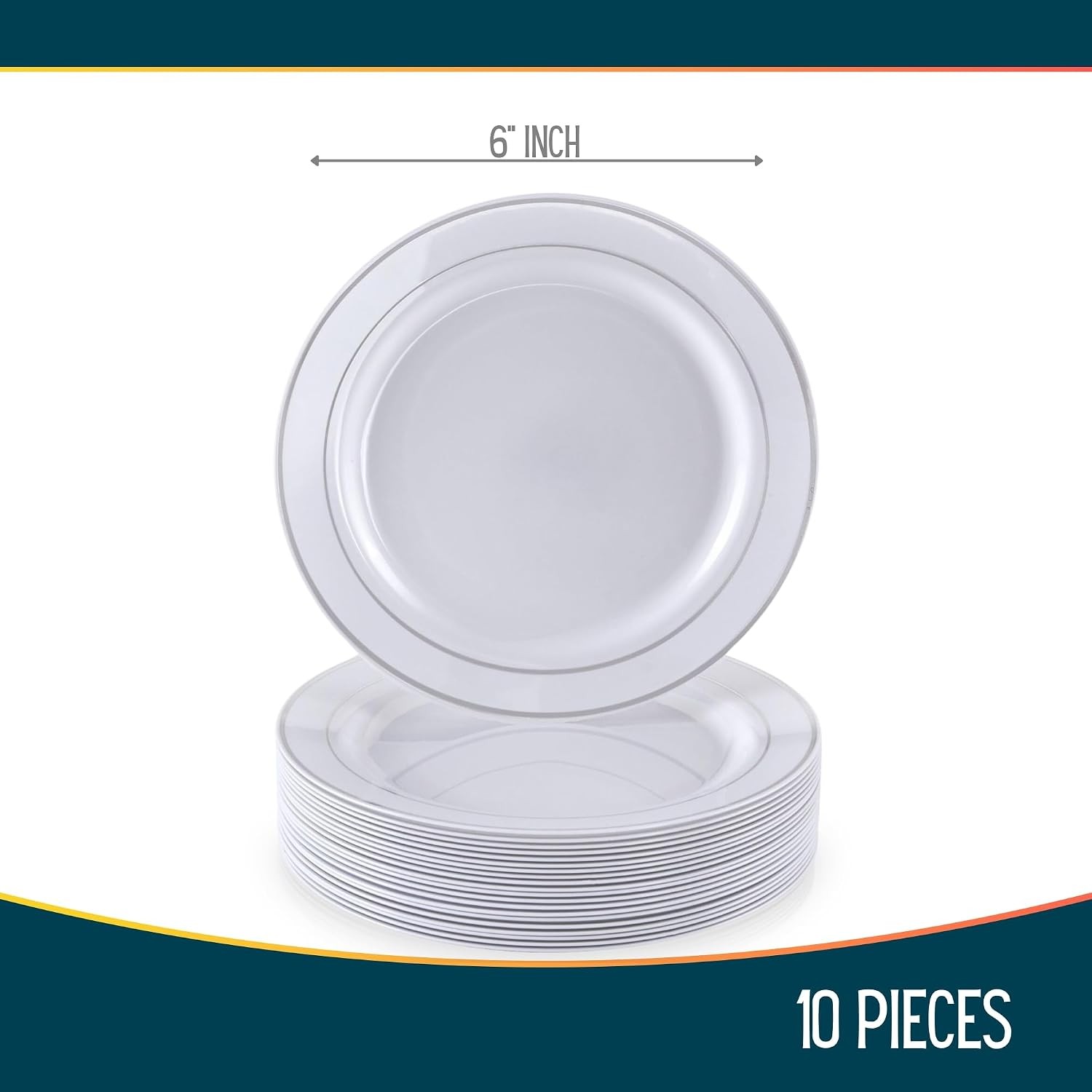 Glare Collection White/Silver Disposable Plastic Dessert Plates – 6″ (Pack of