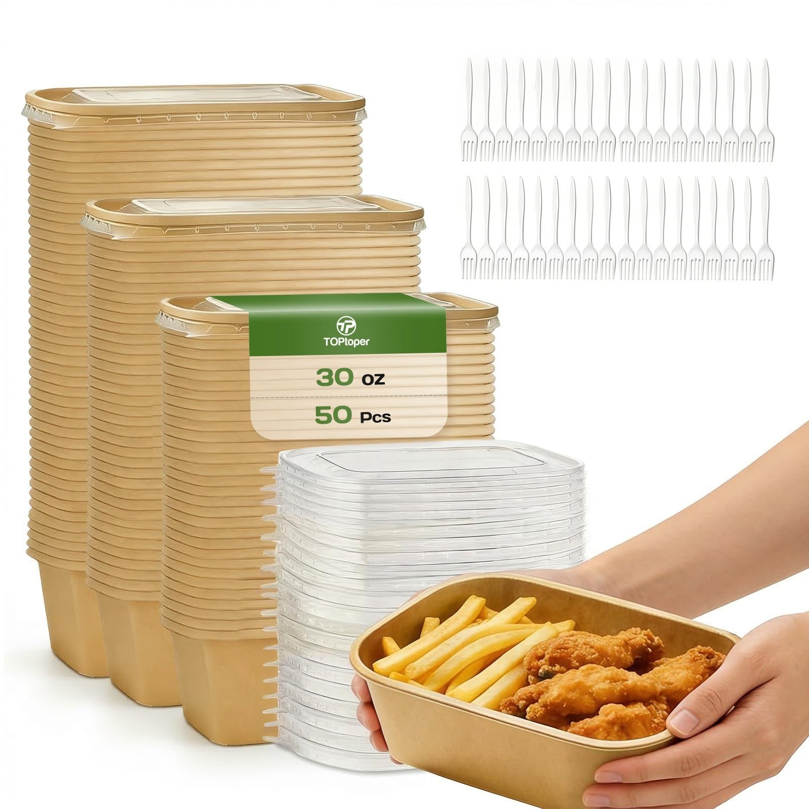 50 Pack 30 OZ Disposable Meal Prep Containers with Lids and Forks, Large Kraf…