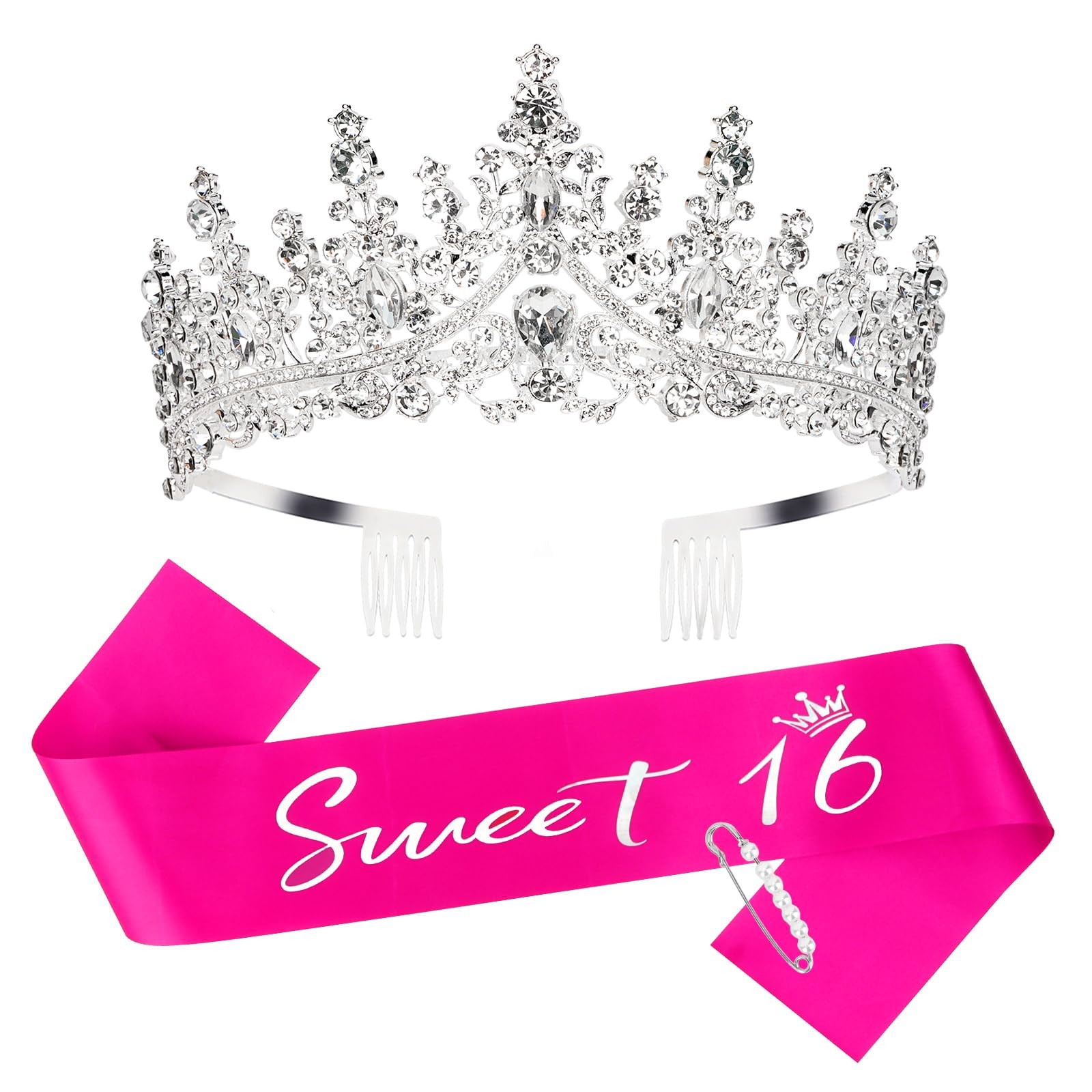 Casoty 16th Birthday Sash and Tiara Set for Girls – Sweet 16 Decorations With…