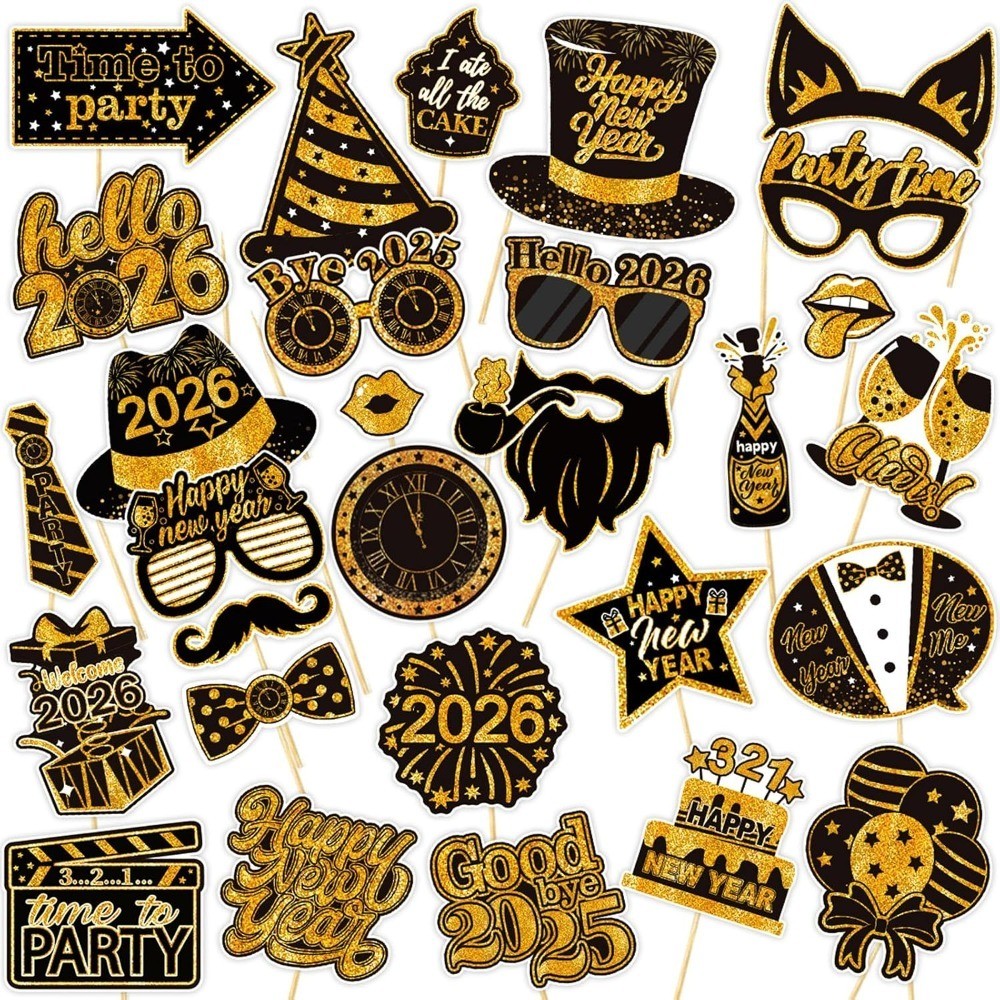 New Years Photo Booth Props 2026, Pack of 30 Black and Gold NYE Photo Props for