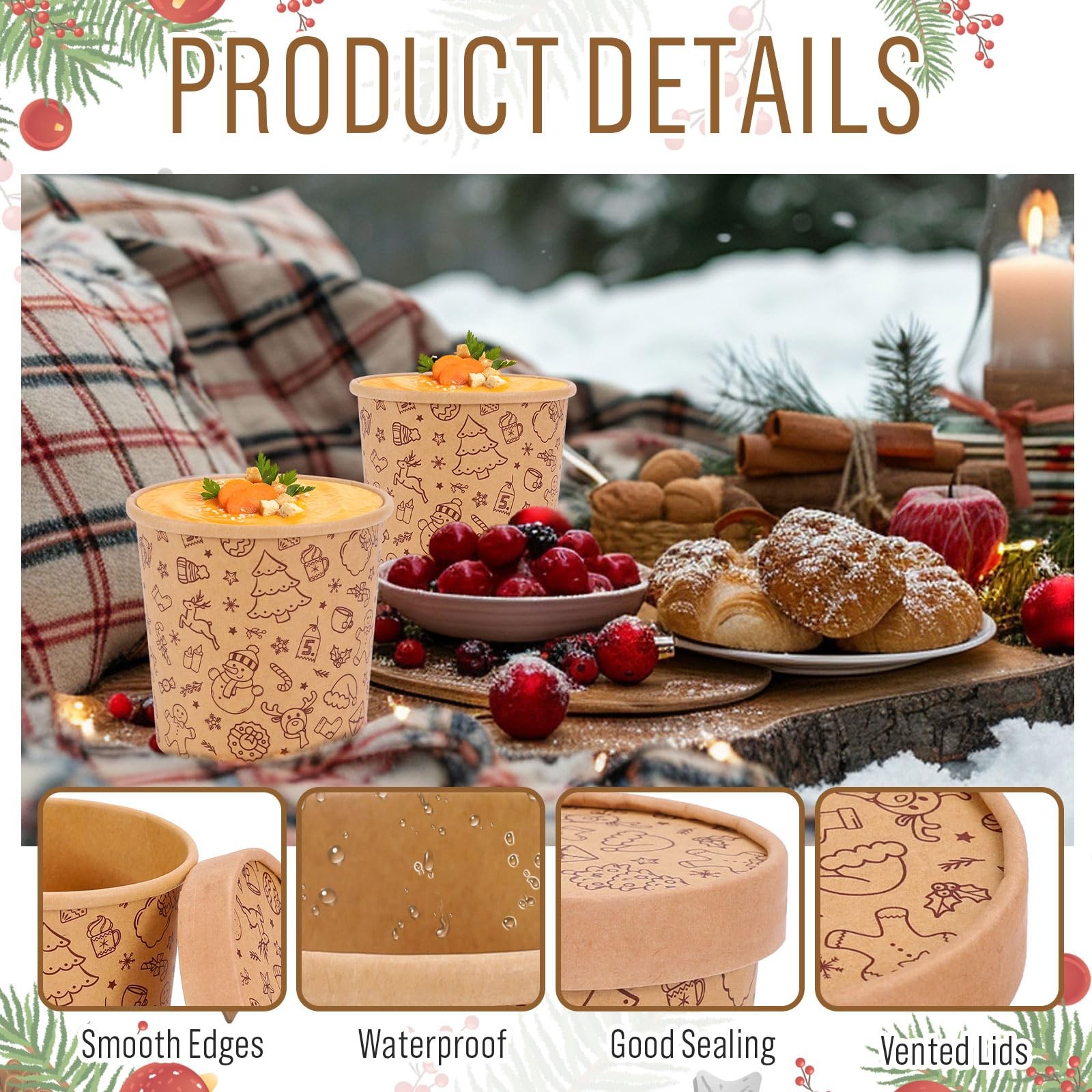 FYSUIMU 50Pcs Christmas Kraft Leftover Containers with Lids 12Oz Xmas Pattern Pa