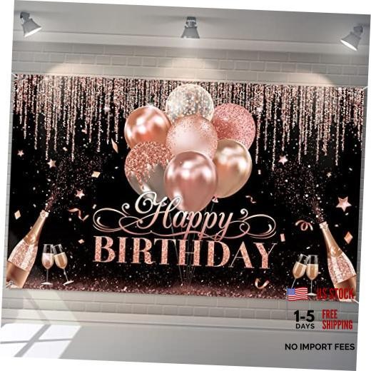 Happy Birthday Backdrop Decorations for Women Girls Black Silver Rose Gold