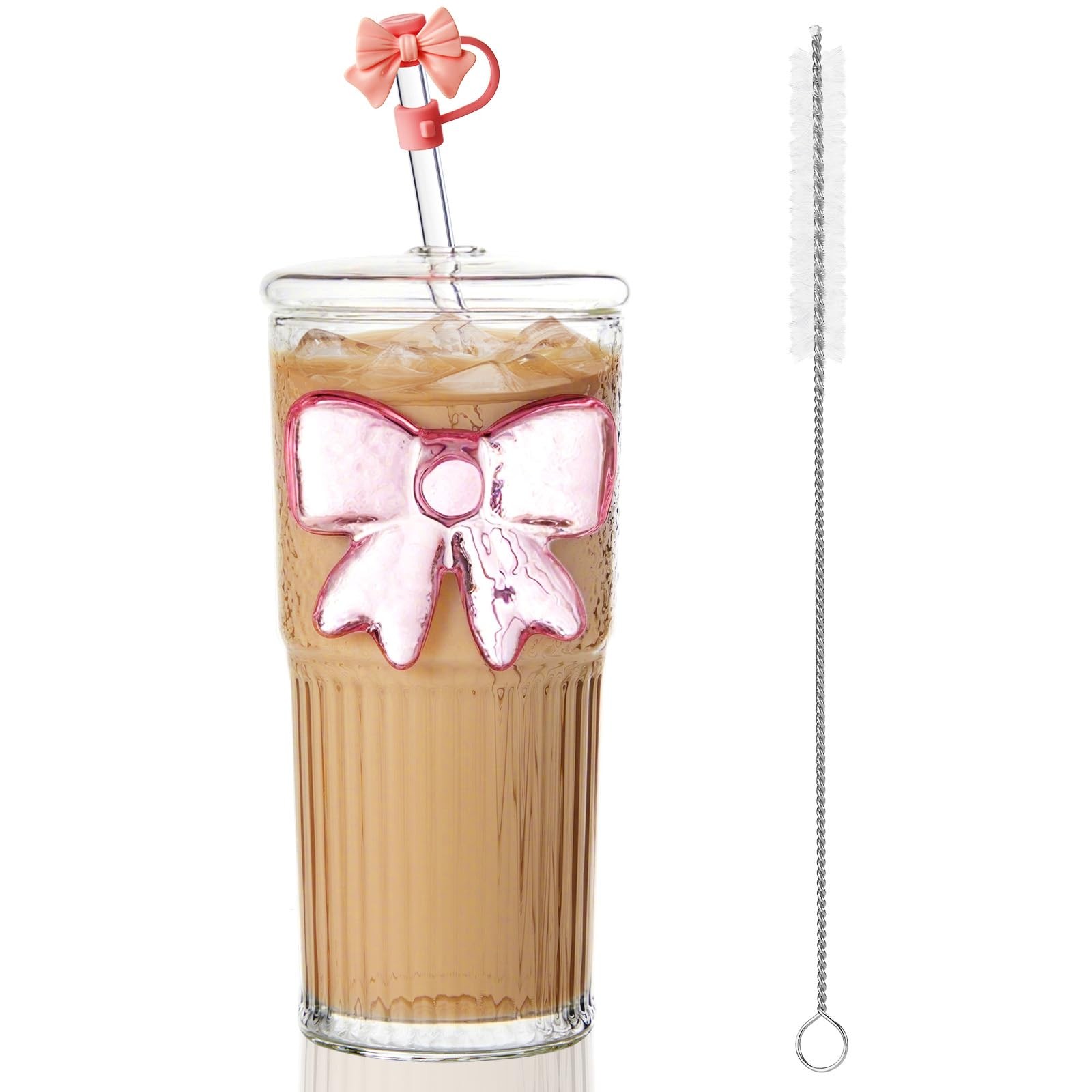 3D Pink Bow Glass Cup with Lid and Straw Coquette 20 Ounces, Colorful