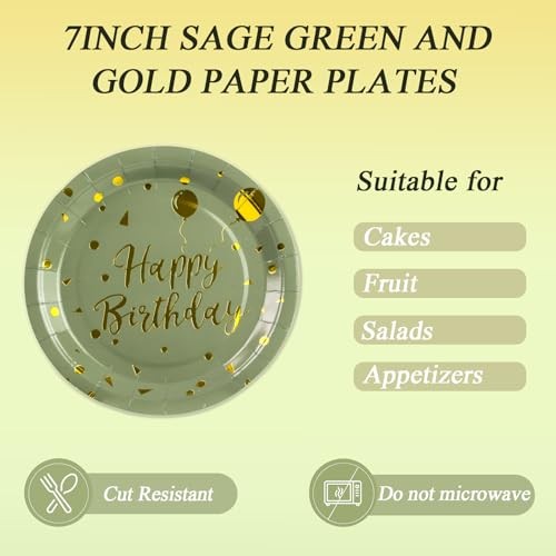 72PCS Happy Birthday Paper Plates – and Gold Tableware Set Include Sage Green