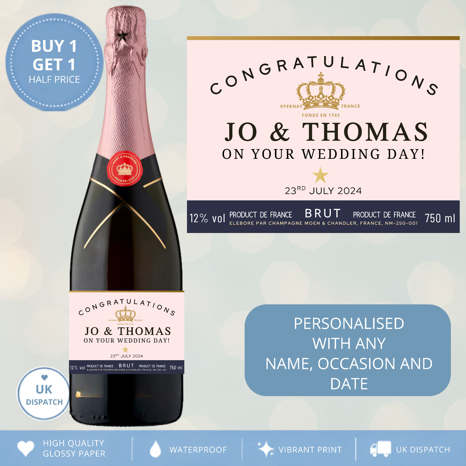 Personalised Champagne Label Wedding Engagement Anniversary Any Name Occasion