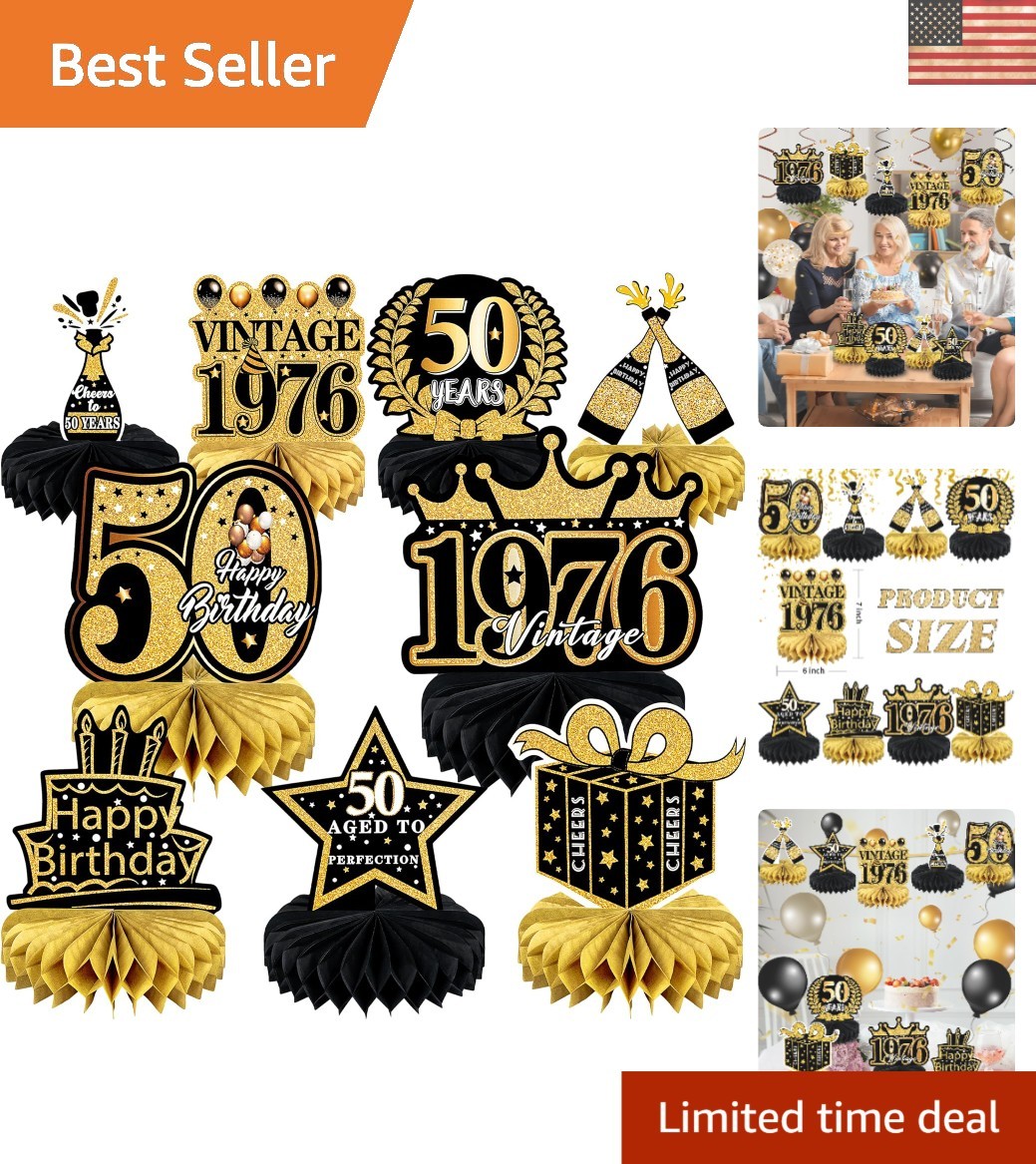Retro 50th Birthday Decor – 9 Honeycomb & Cardboard Pieces – Easy Assembly