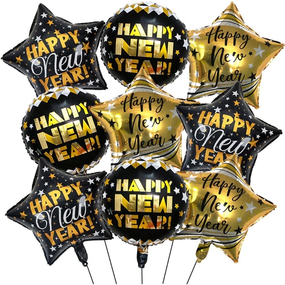 News Years Balloons Decorations – 9pcs Black and Gold New Year Balloons Happy