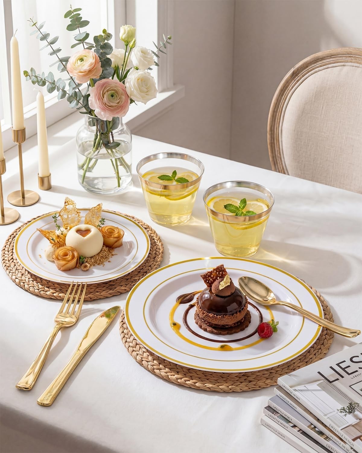 300PCS Gold Disposable Dinnerware Set – White and Gold Plastic
