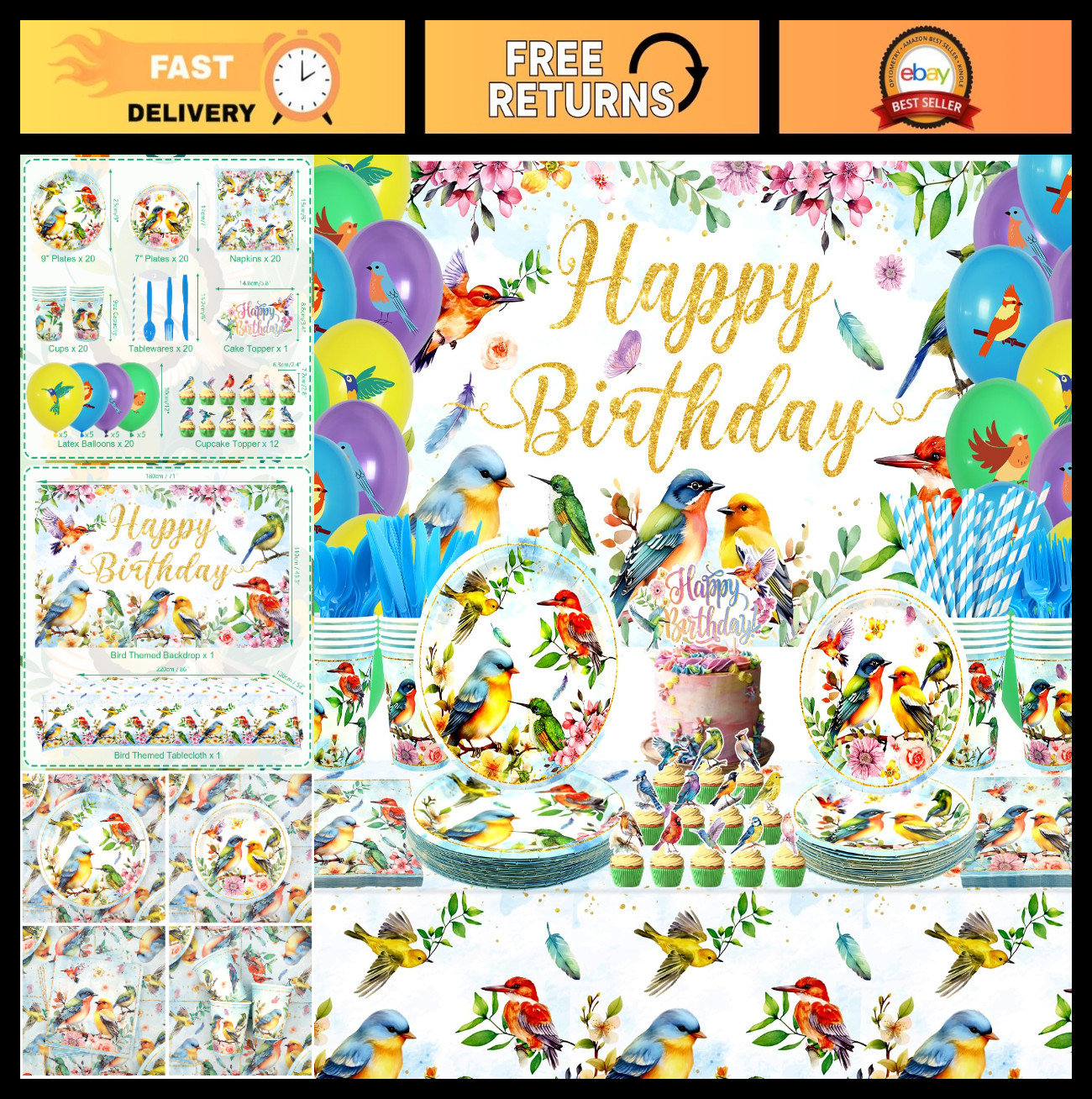 Bird Theme Party Supplies Set – Birthday Backdrop, Plates, Cups, Tablecloth, Bal