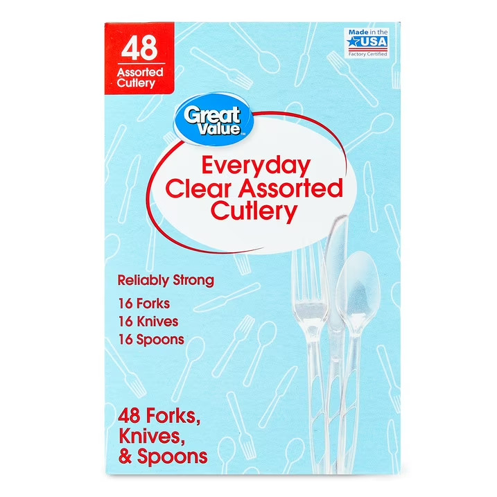 (6 pack) Great Value Plastic Everyday Clear Assorted Cutlery, 48 Count includes