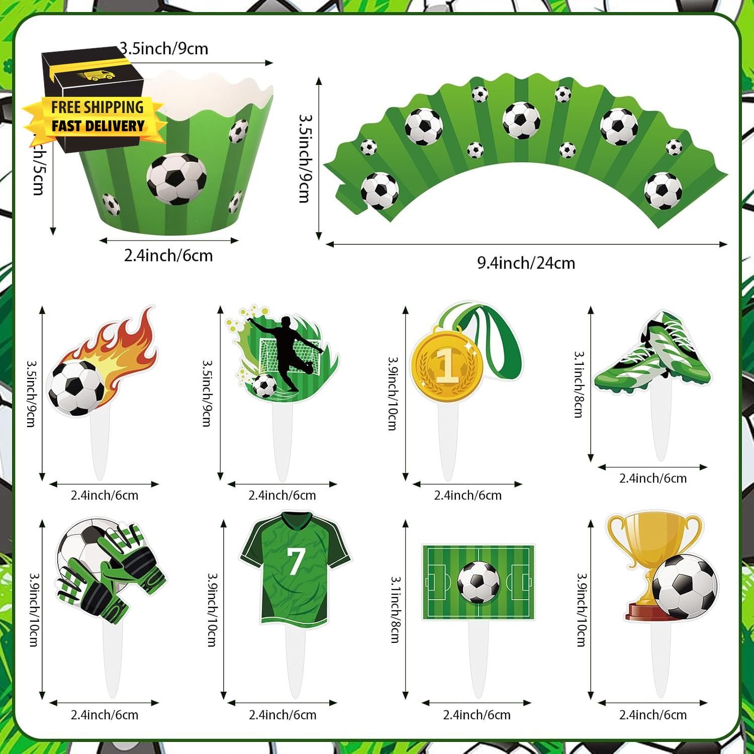 48 Pack Soccer Cupcake Toppers and Wrappers, Soccer Ball Party Cake Decoration f