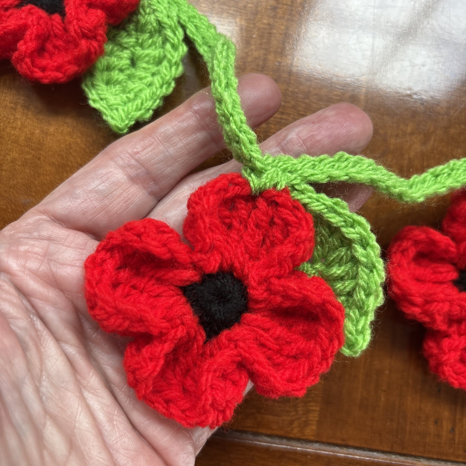 Handmade Crocheted Poppy & Leaf Bunting Garland Home Decor