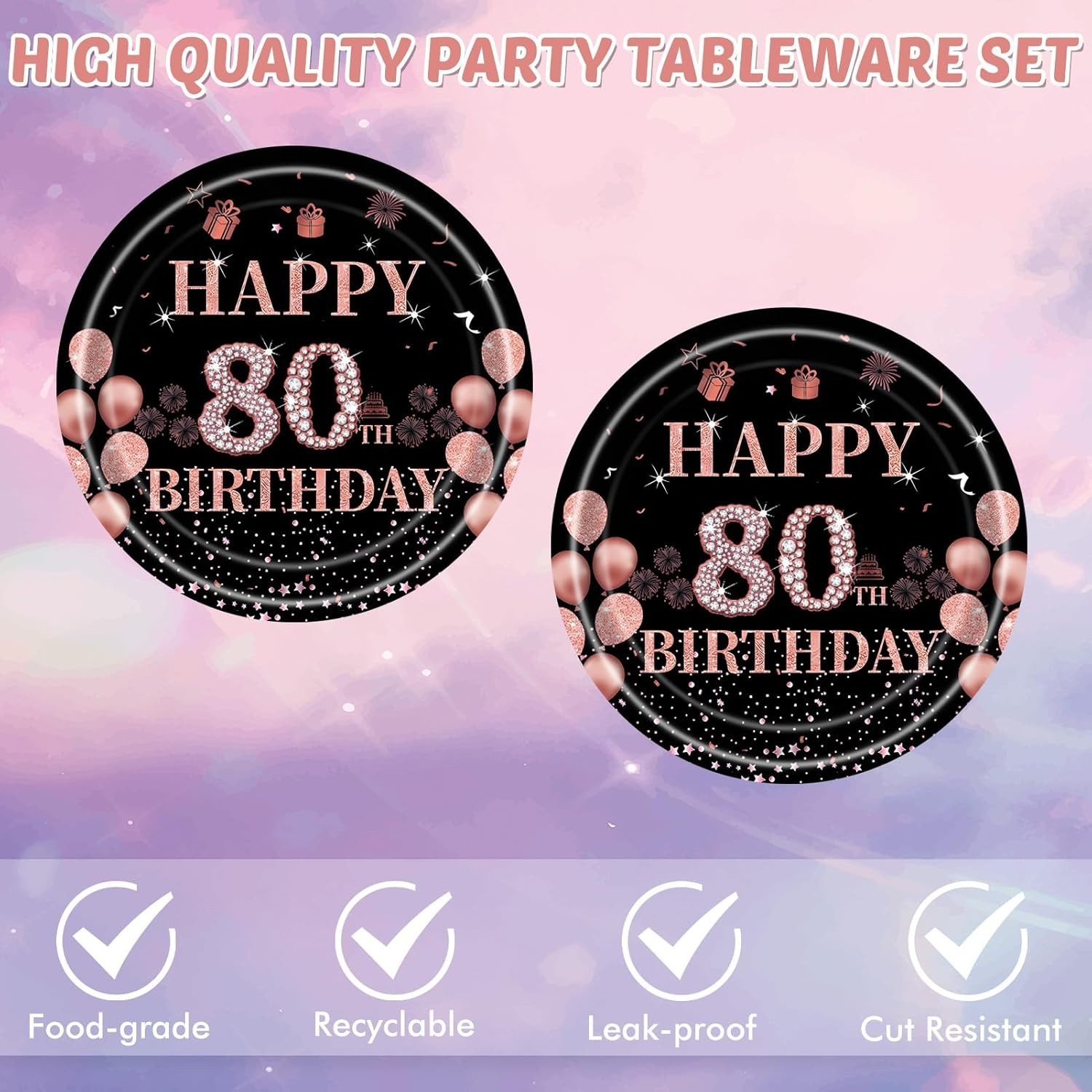 40PCS Black & Rose Gold 80th Birthday Party Supplies – For Elegant Celebrations