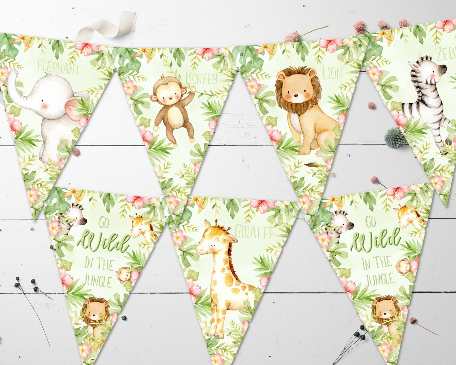 Jungle Safari Animals ‘Go Wild in the Jungle’ Bunting/Banner with Ribbon – 3m