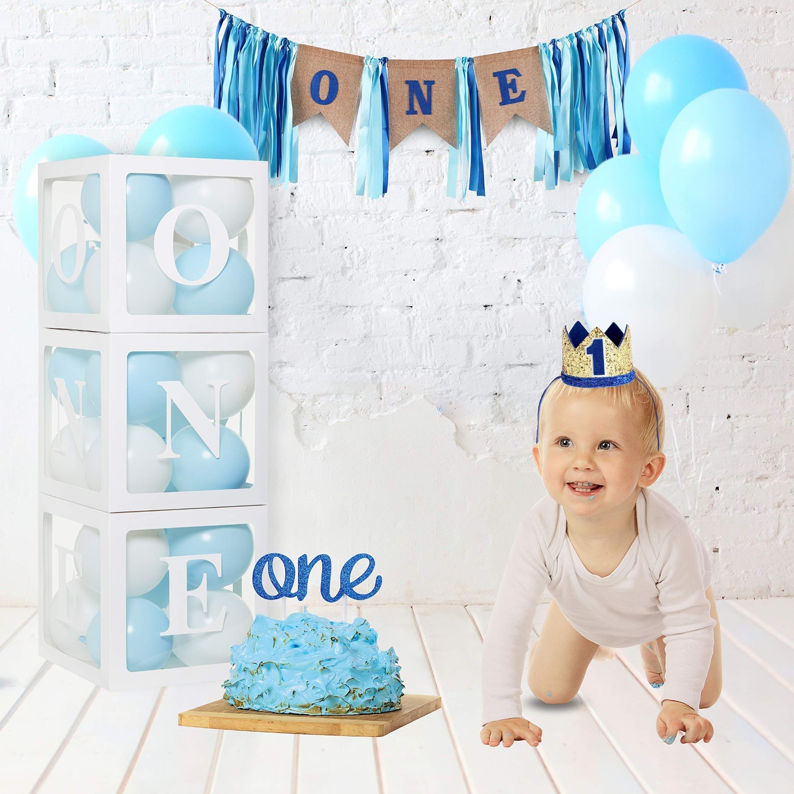 1st Birthday ‘ONE’ Boxes & 24 Balloons – Boy Cake Smash Props & Backdrop Decor