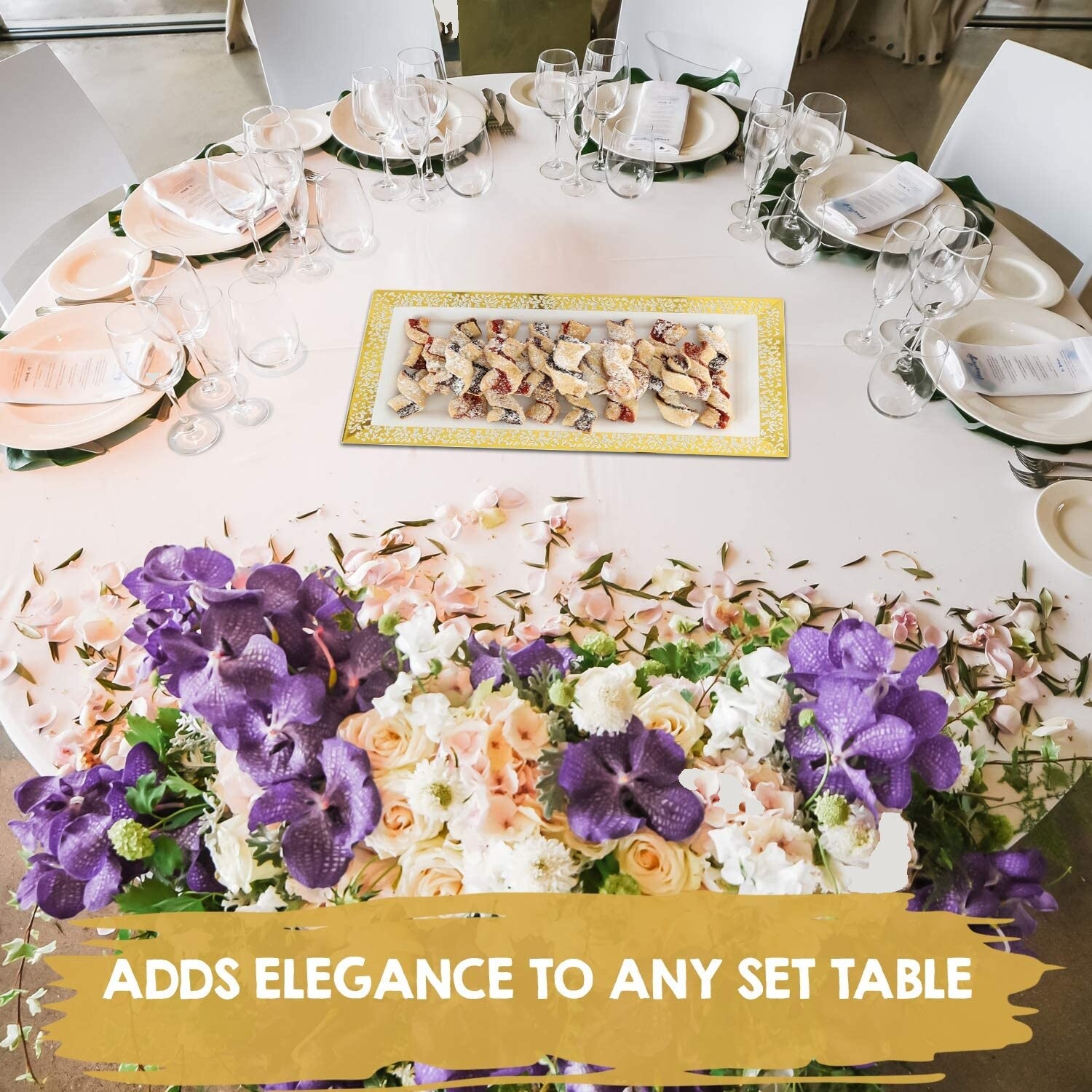 Elegant Plastic Serving Tray & Platter Set (4pk) – White & Gold Rim Disposable
