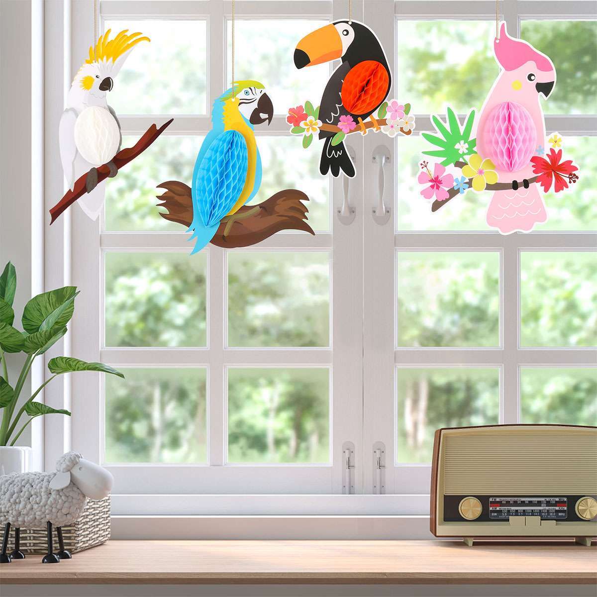 6x Tropical Birds Hanging Parrot Paper Honeycomb Hawaiian Party Bar Wall Decor