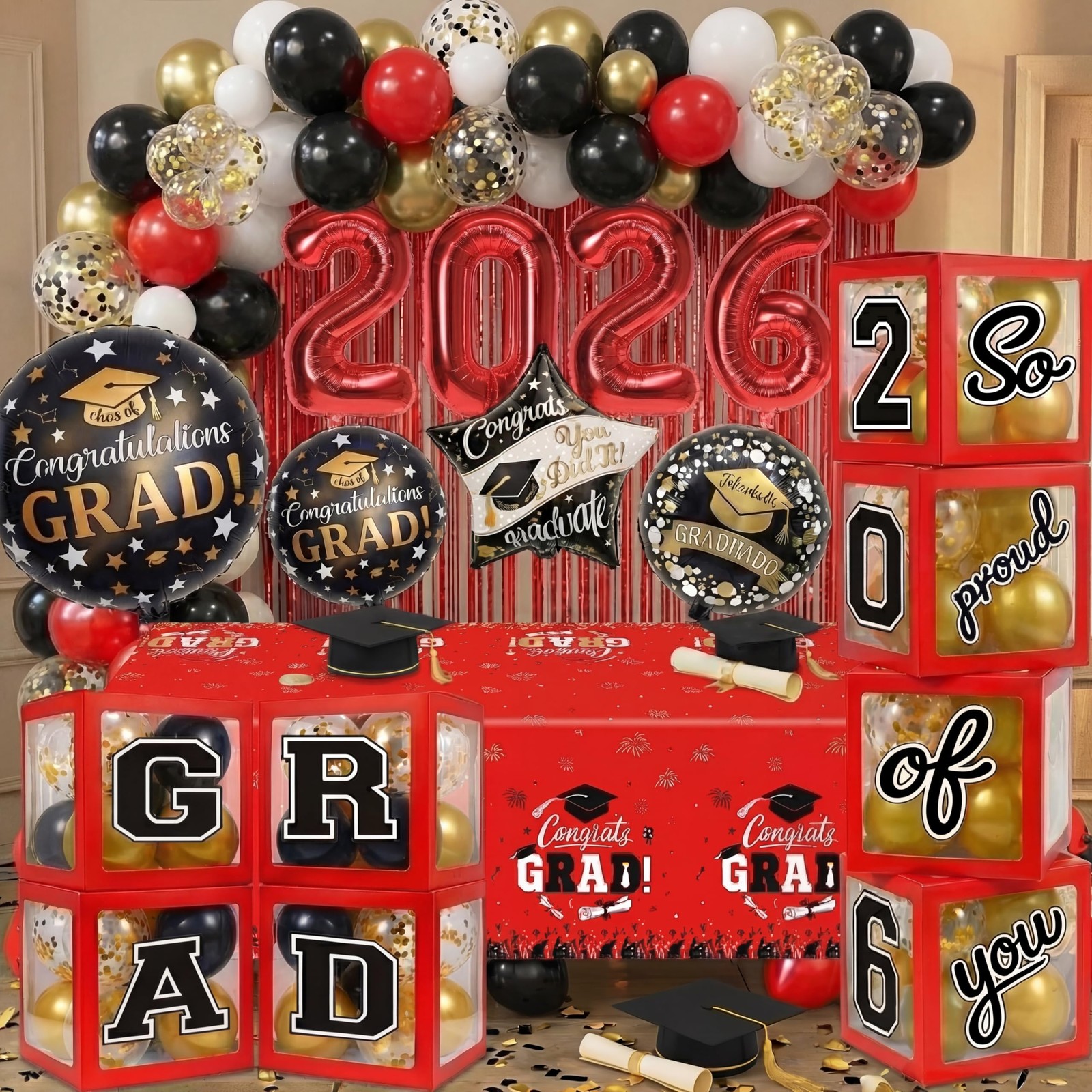 Black and Red Graduation Decorations Class of 2026 – Graduation Balloon Boxes…