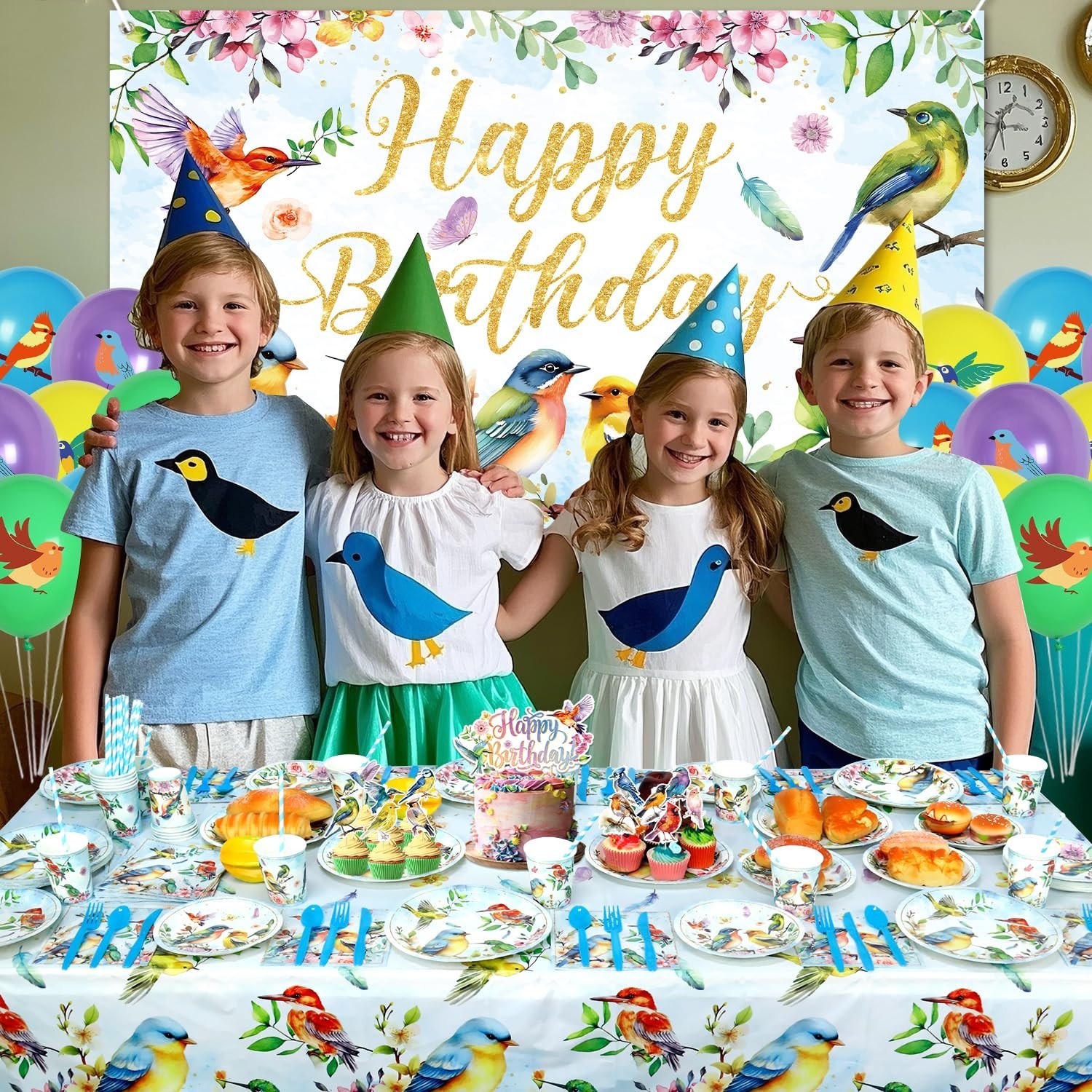 Bird Theme Party Supplies Set – Birthday Backdrop, Plates, Cups, Tablecloth, Bal