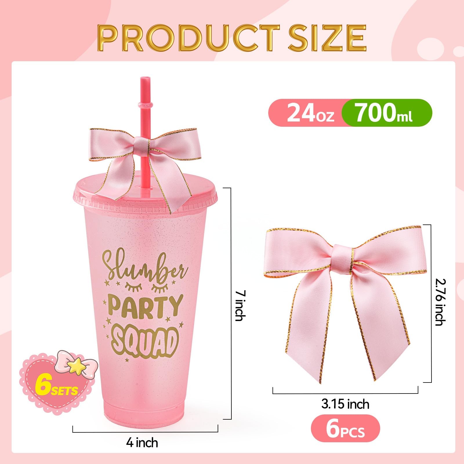 6 Set Slumber Party Plastic Cups with Lid Straw and Twist Bow 24 oz Sleepover…