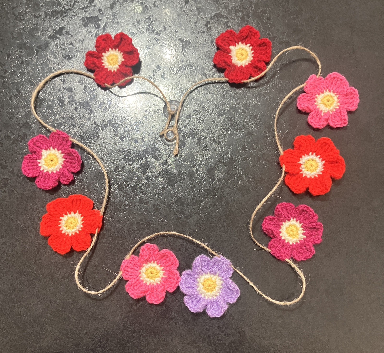 🌸NEW Hand Crochet PRETTY jute 9 Flowers Bunting Window Camper Summer 45” Gift