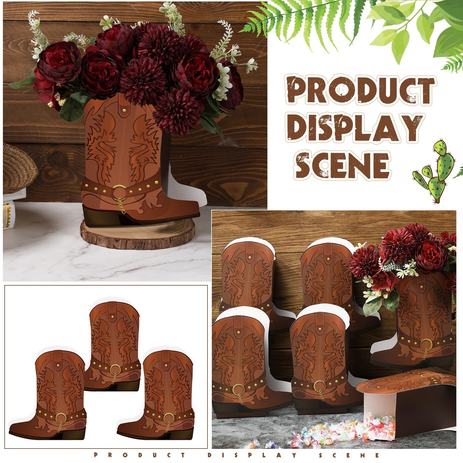 16 Set Brown Western Cowboy Boots Flower Boxes Centerpiece Boot Shape Boxes D…