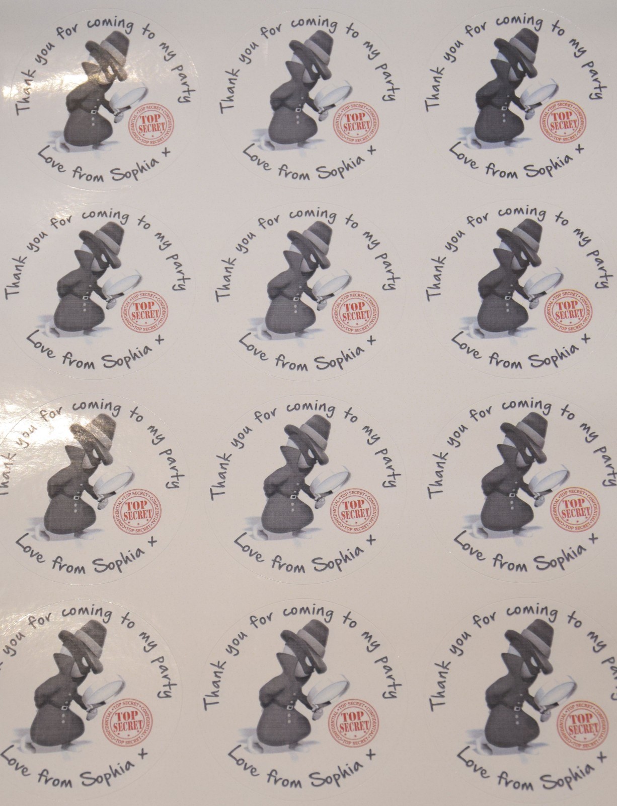 Sheet of Personalised Secret Agent Spy Party Stickers for Sweet Cones