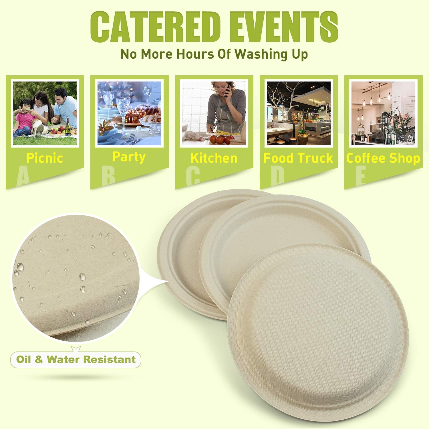 500 Count Bamboo Fiber Disposable Plates Compostable Takeout Party Catering