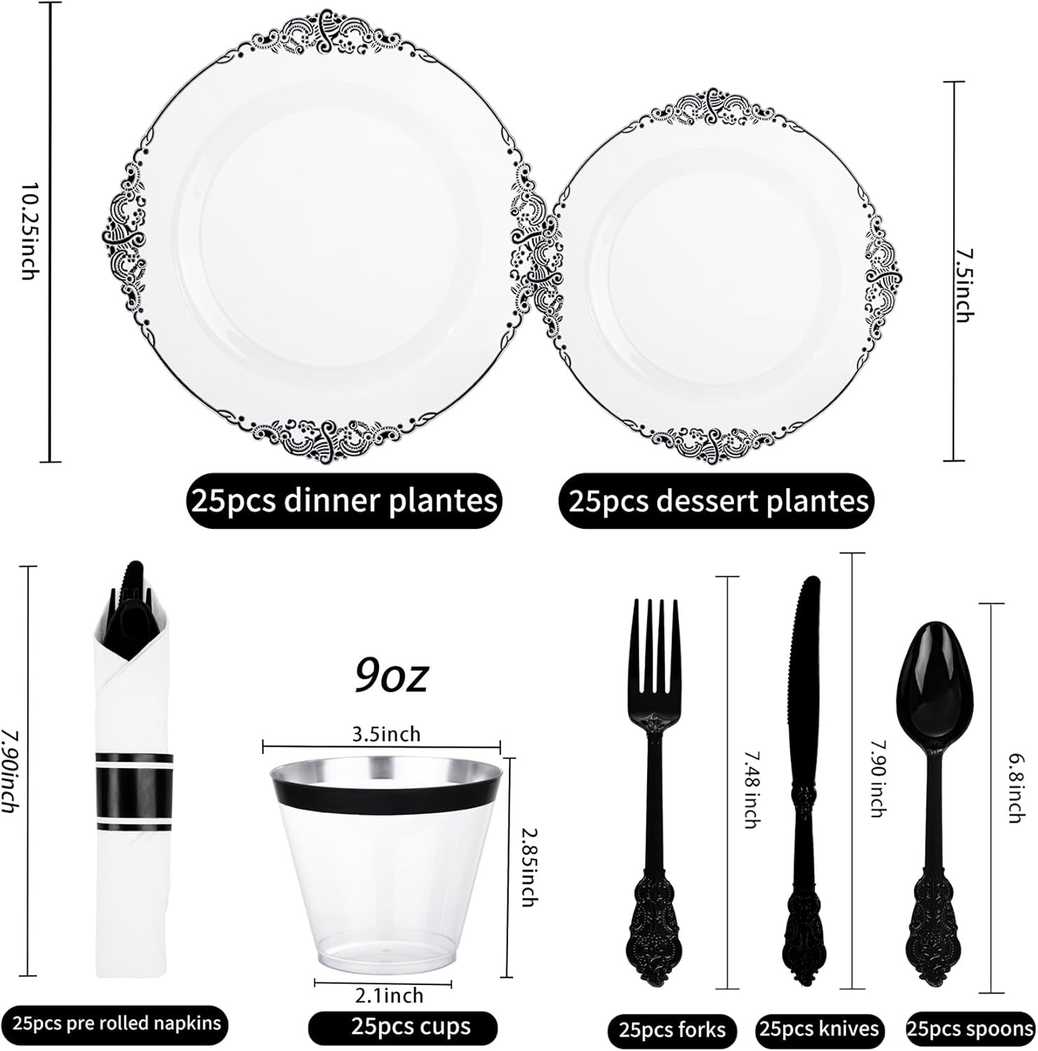 175pcs Clear and Black Plates – Black Party Plates for 25 Guest